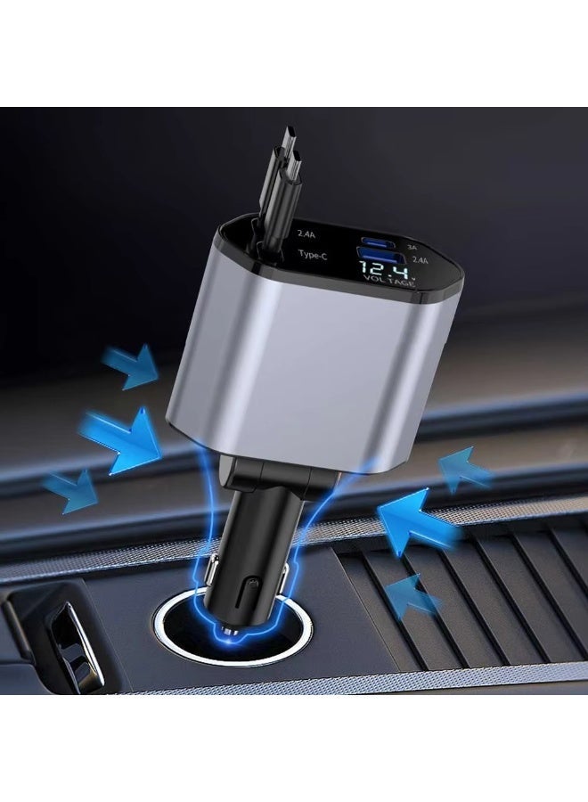120W 4-in-1 USB-C Car Charger, PD Fast Charging Car Adapter with Retractable Cable, Dual USB Ports, Built-in Type-C & Lightning Cables, Compatible with iPhone 17/16/15/14/13/12 Pro Max, iPad, Pixel - Image 1
